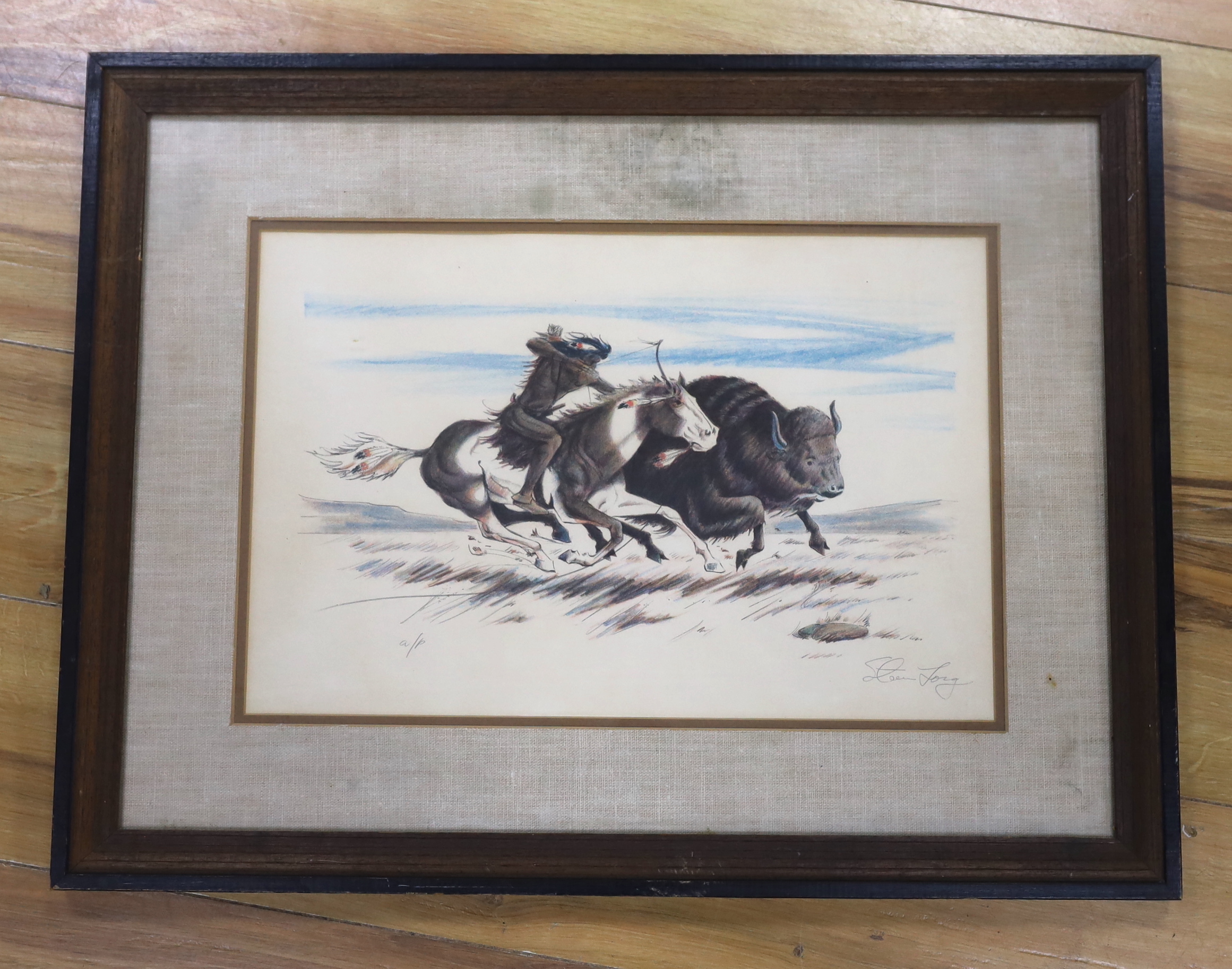 Steve Long (American), colour lithograph, Buffalo hunter, signed and inscribed AP, 30 x 46cm